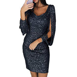 Women's Sequin Glitter Long Sleeve Dress Sexy V Neck Tassel Mini Party Club Bodycon Dresses Wedding Bridesmaid Ball Clubwear for Evening Party