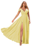 Yellow Women's Off Shoulder Bridesmaid Dresses Long Chiffon Formal Dress with Slit - Clothfun | Women's Cocktail Dresses