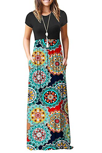 Round Flower Navy Casual Short/Long Sleeve Maxi Dress with Pockets - HAOMEILI