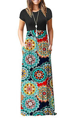 Round Flower Navy Casual Short/Long Sleeve Maxi Dress with Pockets - HAOMEILI