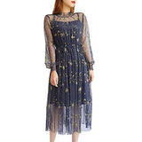 Women Summer Chiffon Dress Stars Moon Print Embroidered Skirt Long Puff Sleeve Princess Dress