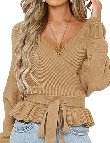 Women's Wrap V Neck Long Batwing Sleeve Belted Waist Ruffle Knitted Sweater Pullover Top