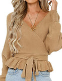 Women's Wrap V Neck Long Batwing Sleeve Belted Waist Ruffle Knitted Sweater Pullover Top | Women's Sweaters
