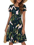 Leaf Print 110 Spring/Summer Casual Women Short Sleeve Round Neck A Line Fit and Flare Midi Skater Dress - HUHOT | Women's Casual Dresses
