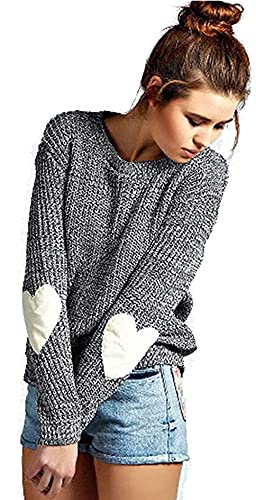 Women's Cute Heart Pattern Elbow Patchwork Casual Crewneck Knitted Sweaters Pullover