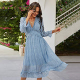 Women V-Neck Chiffon Dress Floral Printed Long Sleeve Square Collar Bohemian Summer Beach Ruffle Hem Sundress