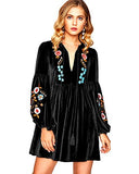 Women Vintage Long Sleeve Floral Embroidered A line Loose Velvet Short Dress Lady Party Swing Skirt Plus Size