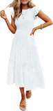 Light White Women's Summer Casual Flutter Short Sleeve Crew Neck Smocked Elastic Waist Tiered Midi Dress - ZESICA | Women's Casual Dresses