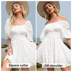 Womens Lantern Sleeve Tie Back Dress Ruffled Off Shoulder A-line Vintage Mini Dress