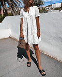 Womens Summer Lace Dresses Eyelet Casual Flowy Babydoll Short Sleeve V Neck Tunic Dress