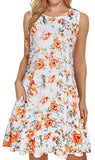 White Orange Flower Summer Dresses for Women Beach Floral Tshirt Sundress Sleeveless Pockets Casual Loose Tank Dress - elescat | Women's Casual Dresses