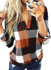 Dokotoo Womens Basic Casual V Neck Plaid Print Cuffed Long Sleeve Work Tops Blouses Shirts S-5XL