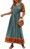 Scalloped Flower Cyan Summer Maxi Boho Beach Dress Floral Print Dress V Neck Short Sleeve Drawstring High Waist Flowy Long Midi Dresses - GRECERELLE | Women's Casual Dresses