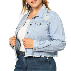 Agnes Orinda Women's Plus Size Jeans Jacket Frayed Washed Cropped Denim Jackets | Women's Coat & Jacket