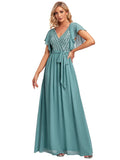 Women's Floor-Length A-line V Neck Appliques Ruffle Chiffon Bridesmaid Dresses  - Sara Clothes