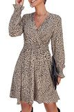Women's Leopard Mini Dress Long Sleeve V Neck Elastic High Waist Chiffon Swing A-Line Dresses