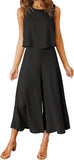 Black Women's Summer 2 Piece Outfits Round Neck Crop Basic Top Cropped Wide Leg Pants Set Jumpsuits - ROYLAMP | Women's Romper & Jumper Suit