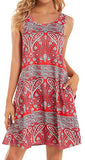 Bohemian Red Summer Dresses for Women Beach Floral Tshirt Sundress Sleeveless Pockets Casual Loose Tank Dress - elescat | Women's Casual Dresses
