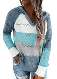 Womens Striped Color Block Hoodies Fashion V Neck Knit Sweater Pullovers | Women's Sweaters