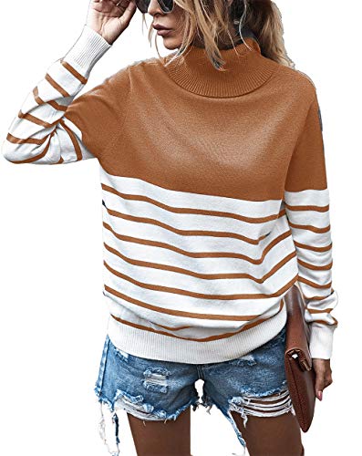 KIRUNDO 2021 Women’s Turtleneck Knitted Sweater Long Sleeves Stripe Color Block Patchwork Loose Ribbed Pullover Jumper Tops