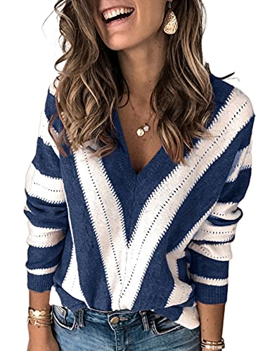 HOTAPEI Womens Long Sleeve Deep V Neck Hand Knit Striped Sweater Tops Loose Pullover Sweaters