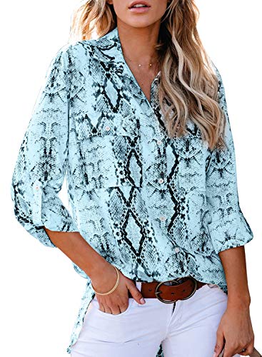 Astylish Women Button Down Snake Print 3 4 Tab Sleeve Tunic Blouse Tops Shirt