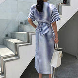 Women Dresses Summer Casual Blue Striped Bandage Split Long Dress | Original Brand | Women's Casual Dresses