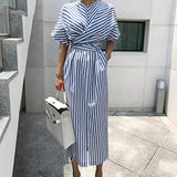 Women Dresses Summer Casual Blue Striped Bandage Split Long Dress | Original Brand | Women's Casual Dresses