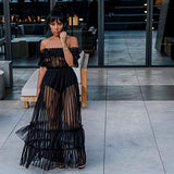 Women Sexy Lace Off Shoulder Mesh See Through Long Pleated Maxi Dress Club Party Gown | Women's Casual Dresses