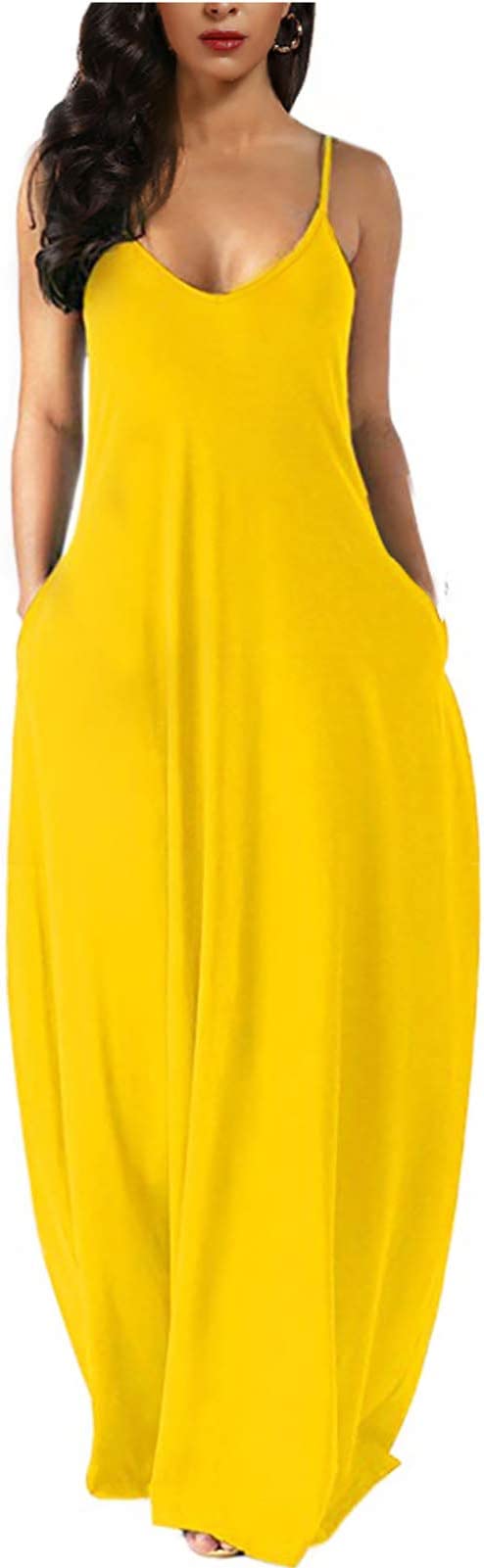 Yellow Womens Casual Sleeveless Plus Size Loose Plain Long Maxi Dress with Pockets - Wolddress | Women's Casual Dresses
