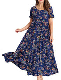 Blue Dresses Casual Plus Size Bohemian Short Sleeve Floral Long Maxi Summer Beach Swing Dress/Pockets - YESNO | Women's Casual Dresses