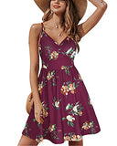 Wine Floral V Neck Floral Spaghetti Strap Summer Dress Casual Swing Midi Sundress with Pocket - STYLEWORD | Women's Casual Dresses