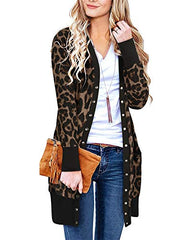 Women Open Front Snap Button Down Leopard Print Cardigan Sweater Long Sleeve V Neck Coat Casual Outwear with Pocket UK Size | Women's Cardigan