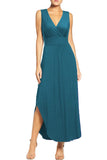 Teal Color Women Sleeveless Deep V Neck Pocket Loose Long Dress Split Maxi Casual Dresses - WOOSEA | Women's Cocktail Dresses