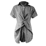 Ladies Summer Casual Button Slim Tie Striped Shirt Short Sleeve Mini Dress UK Size Evening Gowns Work Maxi Dress | Women's Work Dresses