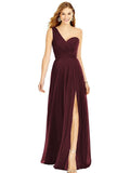 Burgundy/Deep One Shoulder Chiffon Bridesmaid Dresses with Slit Maxi Long Formal Dresses for Women Party - XYAYE | Women's Formal Dresses