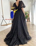 Starry Tulle Prom Dresses Puffy Sleeve Ball Gowns Sparkle Long Formal Evening Dresses with Slit