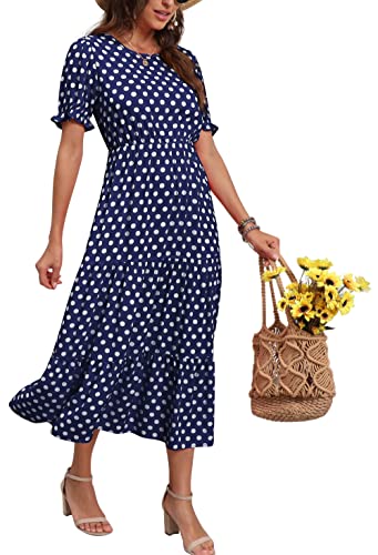 Navy Blue Summer Midi Dress Floral Print Boho Dress Ruffle Puff Sleeve High Waist A-Line Casual Boho Cocktail Holiday Beach Long Dress - GRECERELLE