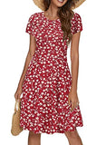 Floral 89 Spring/Summer Casual Women Short Sleeve Round Neck A Line Fit and Flare Midi Skater Dress - HUHOT | Women's Casual Dresses