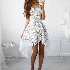 Summer Dresses For Women 2021, White Lace Cut-out V Neck Sleeveless Dress Sexy Backless A-line Irregular Dress