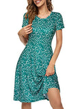 Green Floral 102 Spring/Summer Casual Women Short Sleeve Round Neck A Line Fit and Flare Midi Skater Dress - HUHOT | Women's Casual Dresses