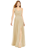 Champagne One Shoulder Chiffon Bridesmaid Dresses with Slit Maxi Long Formal Dresses for Women Party - XYAYE | Women's Formal Dresses