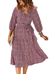 Schkleier Women's Summer 3/4 Sleeve V Neck Casual Flowy Party Floral Midi Dress