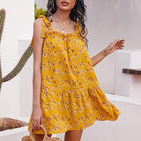 Womens Floral Cocktail Yellow Dresses, Summer Sling Lace-up Strap Camisole Sweeet Neck Sleeveless Loose Casual Dress | Original Brand