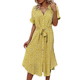 Women's Fashion Floral Print Belted Loose Shirt Dress Casual Short Sleeve Button Down Midi Dress | Original Brand