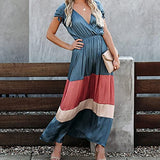 Summer Dresses for Women, Ladies Sexy Deep V-Neck Splicing Short Sleeve Drawstring Long Dresses Party UK Size | Women's Work Dresses