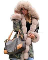 Aox Women Hood Coat Faux Fur Thicken Lined Overcoat Winter Camo Plus Size Jacket Snow Parka Outwear