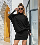 Women's Cold Shoulder Knit Dress Mock Neck Batwing Sleeve Elegant Stretchy Mini Sweater Dress