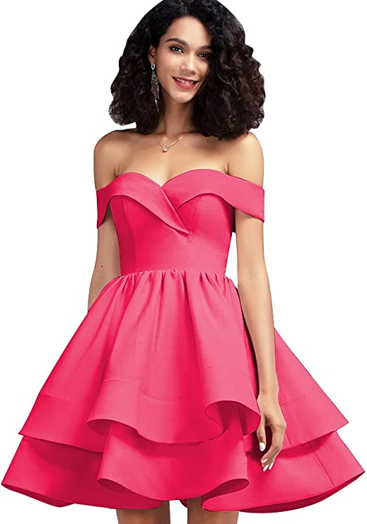Hot Pink Off Shoulder Short Prom Dress Satin Homecoming Dresses for Teens A Line Cocktail Party Gowns Mini Dress - Homdor | Women's Cocktail Dresses