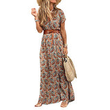 mothcattl Women‘s Boho V Neck Short Sleeve Paisley Print Belt Large Hem Beach Long Dress